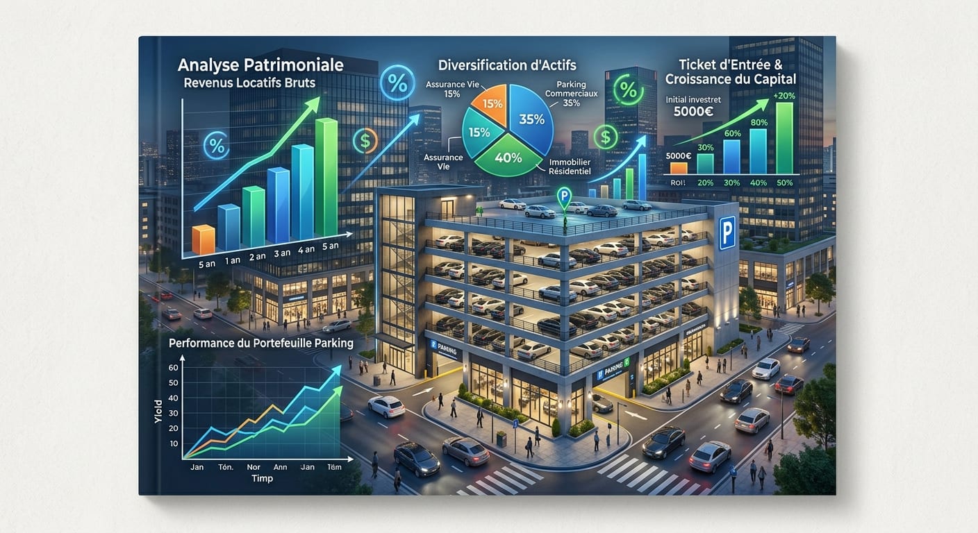 Aperçu graphique soigné de la couverture du guide d'investissement parking commercial avec graphiques d'analyse patrimoniale