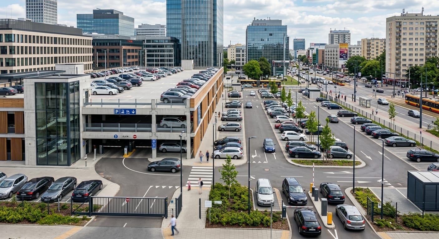 Vue d'ensemble de parkings commerciaux modernes et sécurisés en plein cœur d'une zone urbaine dense